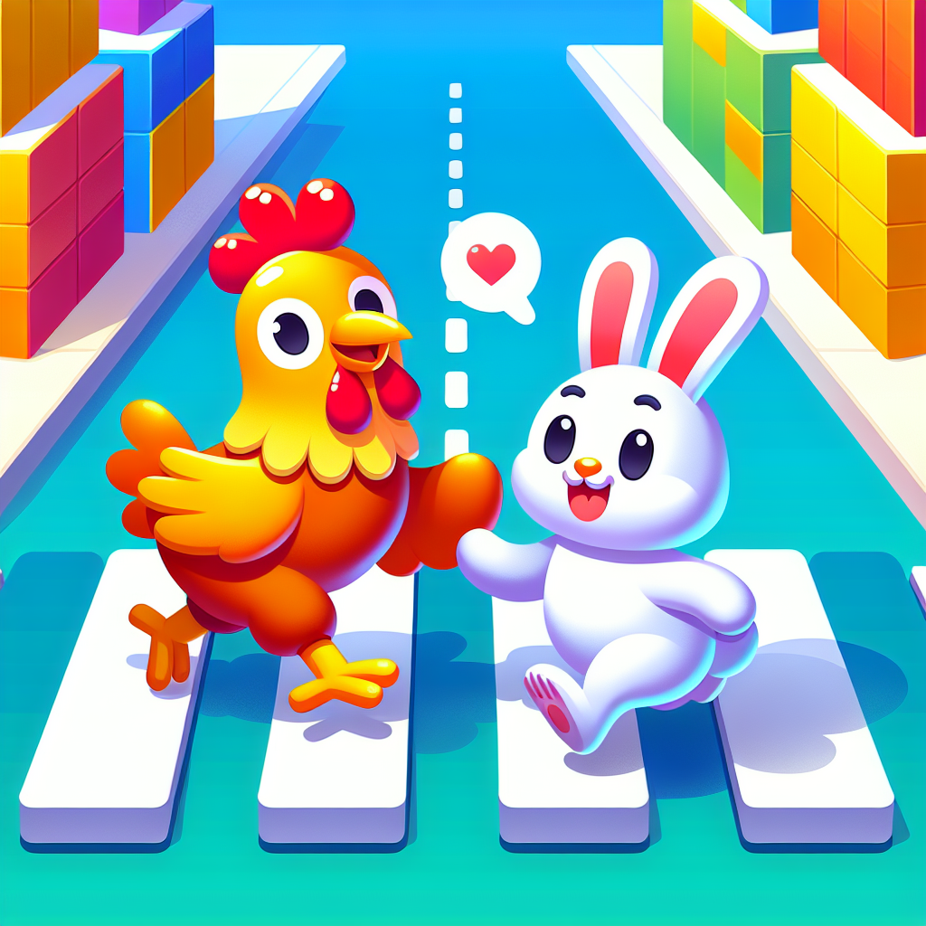 A cheerful chicken and rabbit crossing a road, symbolizing teamwork and fun in the game