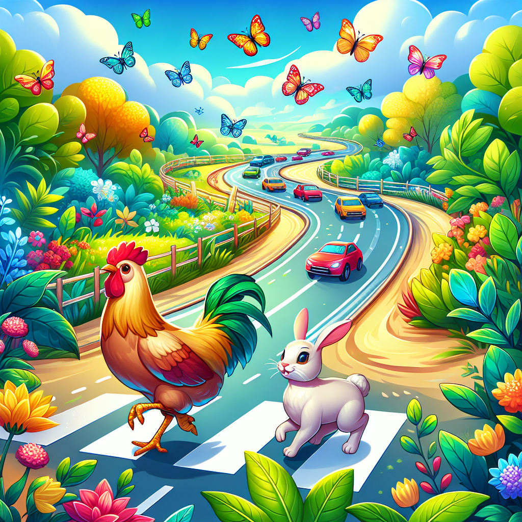 A colorful illustration of a chicken and rabbit crossing a road