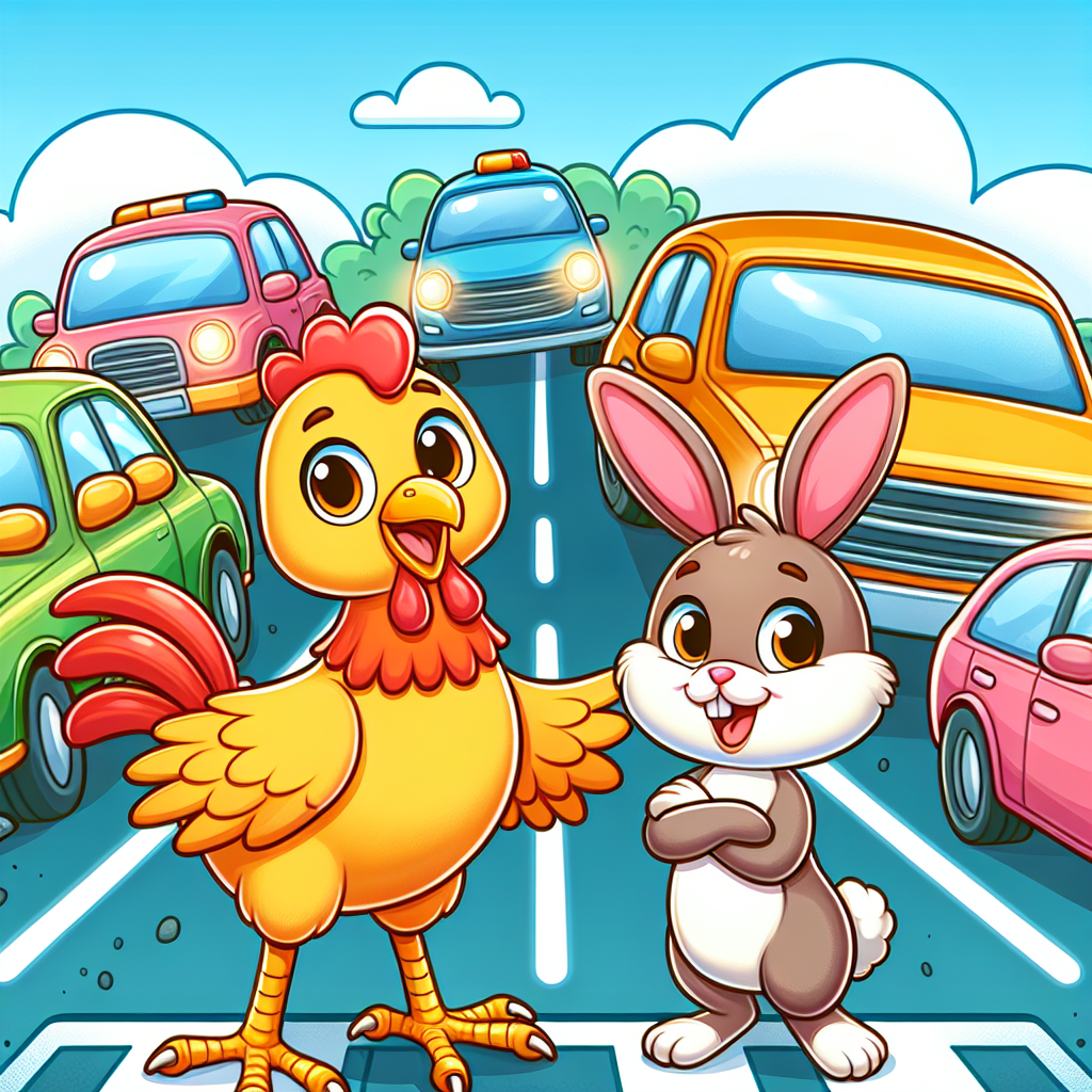 A playful chicken and rabbit trying to cross a busy road